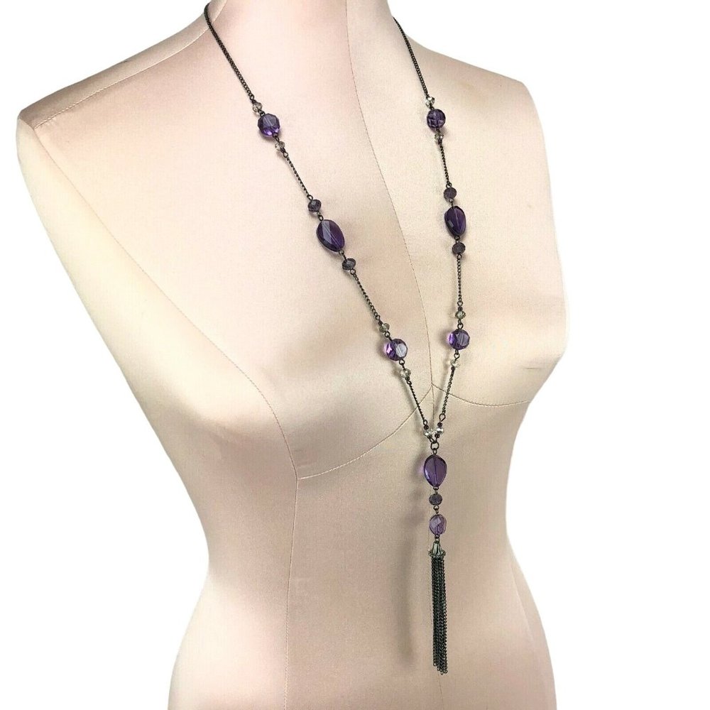 Color Long Necklace 29" Dark-Tone Purple Acrylic Beads & Tassel